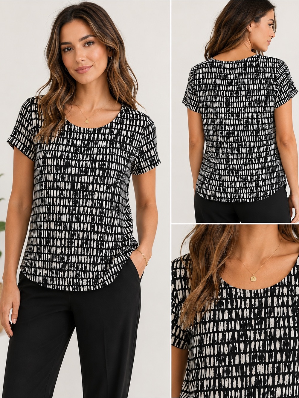Eileen Fisher 💯 Silk Abstract Print Short Sleeve Blouse Black Cream Retails $198